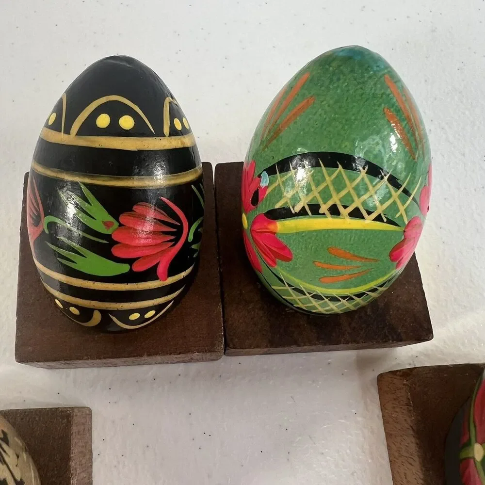 Wooden Hand Painted Lacquered Eggs Bright Decorative Floral‎ Easter
